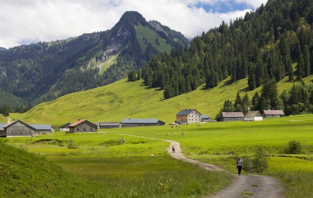 Wanderer gehen auf der Forststraße nach Schönenbach, im Hintergrund sind Wiesen, Wald, Häuser des Vorsäß Schönenbach und Berge zu sehen.