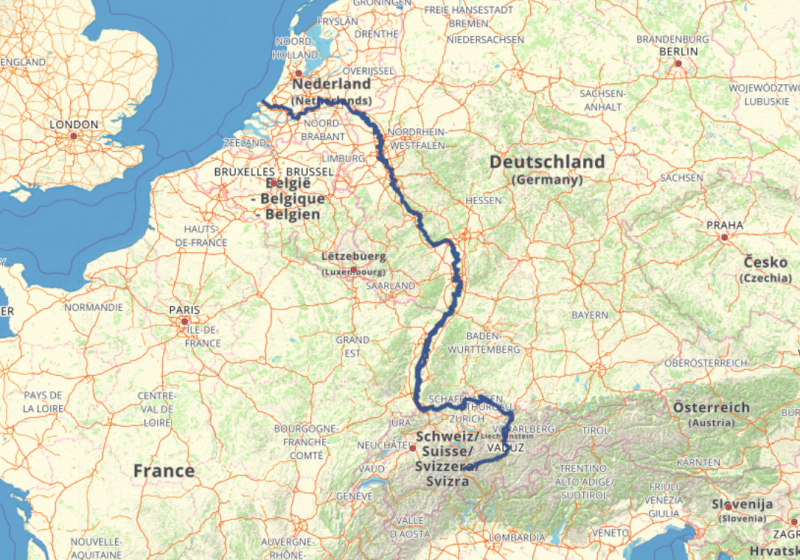 Verlauf des Rheinradwegs EuroVelo 15 auf der Landkarte