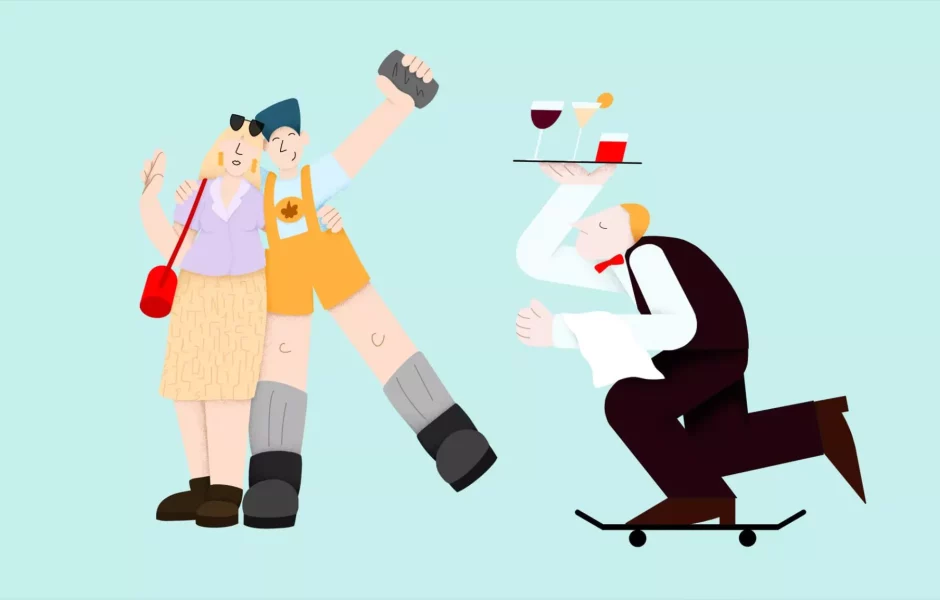 Illustration des dna Kongresses 2025 mit stilistiertem Urlauberpaar und einer männlichen Servicekraft