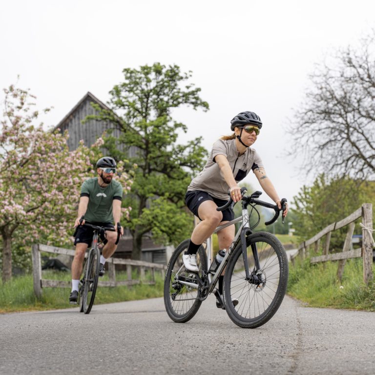 Zwei Radfahrer:innen fahren auf einer ruhigen Straße durch die blühende Kulturlandschaft bei Bludenz in Vorarlberg, vorbei an Obstbäumen, Holzzäunen und ländlicher Bebauung. Zwei Radfahrer:innen fahren auf einer ruhigen Straße durch die blühende Kulturlandschaft bei Bludenz in Vorarlberg, vorbei an Obstbäumen, Holzzäunen und ländlicher Bebauung.