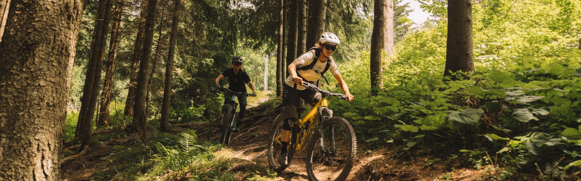 Zwei Mountainbiker:innen fahren auf einem naturbelassenen Singletrail am Muttersberg bei Bludenz in Vorarlberg durch lichten Wald, über Wurzeln und entlang üppiger Vegetation.