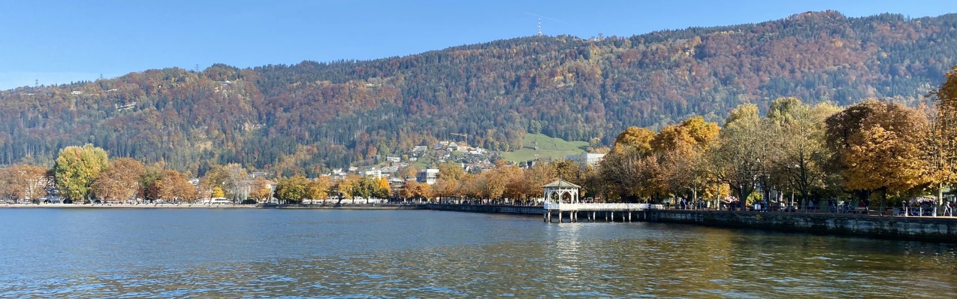 Blick über den Bodensee auf die herbstliche Uferrpomenade mit dem 
