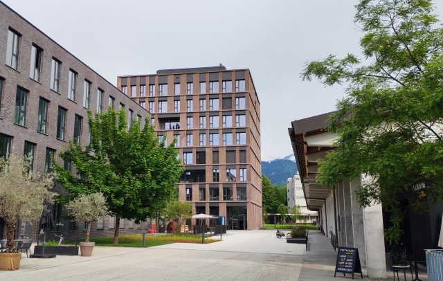 Das Gebäude am CAMPUS V, neuer Bürostandort von Vorarlberg Tourismus GmbH und dem forum Vorarlberg