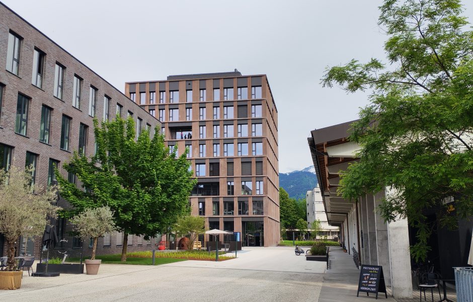 Das Gebäude am CAMPUS V, neuer Bürostandort von Vorarlberg Tourismus GmbH und dem forum Vorarlberg